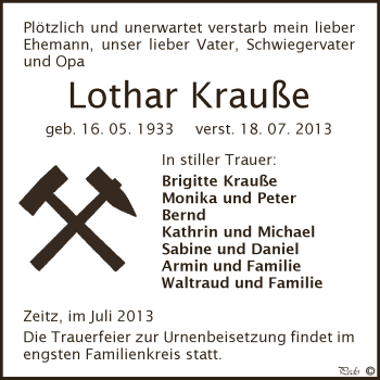 Traueranzeige von Lothar Krauße von Super Sonntag Zeitz