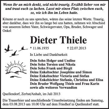 Traueranzeige von Dieter Thiele von Super Sonntag Dessau / Köthen