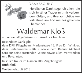 Traueranzeige von Waldemar Kloß von WVG - Wochenspiegel NMB / WSF / ZTZ