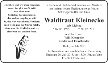 Traueranzeige von Waldtraut Kleinecke von WVG - Wochenspiegel Quedlinburg