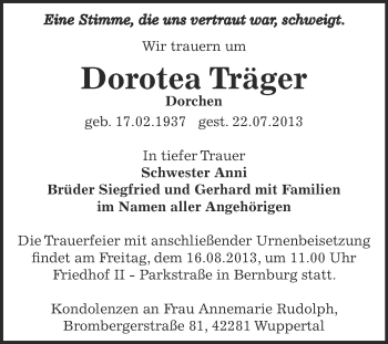 Traueranzeige von Dorotea Träger von Super Sonntag Bernburg