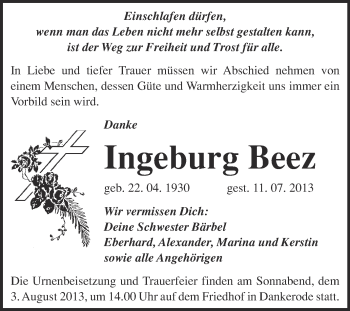Traueranzeige von Ingeburg Beez von WVG - Wochenspiegel Quedlinburg