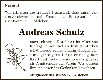 Traueranzeige von Andreas Schulz von Super Sonntag Bernburg