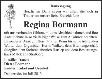 Traueranzeige von Regina Bormann von WVG - Wochenspiegel Quedlinburg