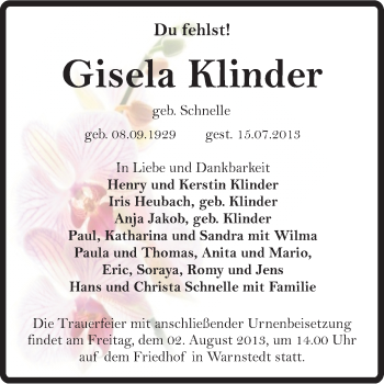Traueranzeige von Gisela Klinder von Super Sonntag Quedlinburg