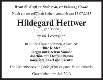 Traueranzeige von Hildegard Hettwer von Super Sonntag Aschersleben