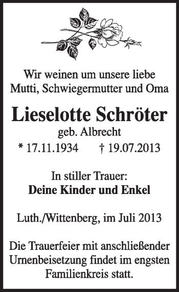 Traueranzeige von Lieselotte Schröter von Super Sonntag Wittenberg
