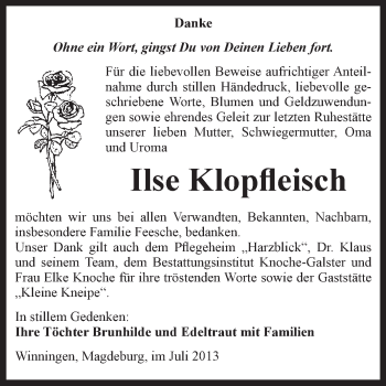 Traueranzeige von Ilse Klopfleisch von Super Sonntag Aschersleben