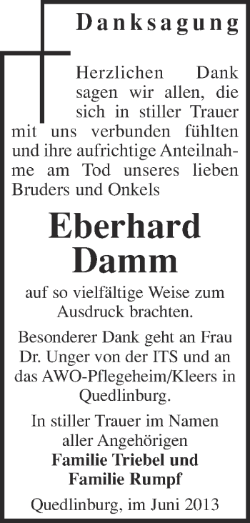 Traueranzeige von Eberhard Damm von Super Sonntag Quedlinburg