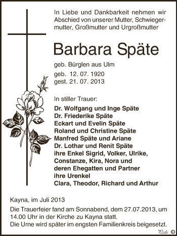 Traueranzeige von Barbara Späte von Super Sonntag Zeitz