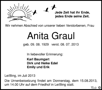 Traueranzeige von Anita Graul von WVG - Wochenspiegel NMB / WSF / ZTZ