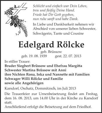 Traueranzeige von Edelgard Rölcke von WVG - Wochenspiegel NMB / WSF / ZTZ