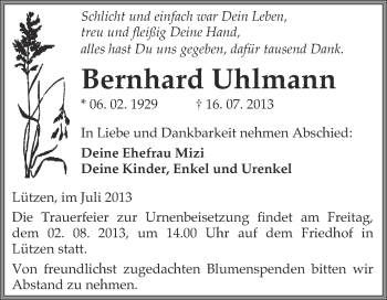 Traueranzeige von Bernhard Uhlmann von WVG - Wochenspiegel Merseburg