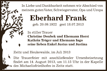 Traueranzeige von Eberhard Frank von Super Sonntag Zeitz