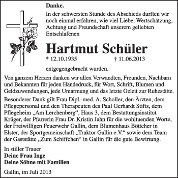 Traueranzeige von Hartmut Schüler von WVG - Wochenspiegel Wittenberg