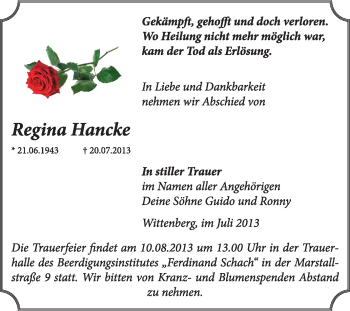 Traueranzeige von Regina Hancke von WVG - Wochenspiegel Wittenberg
