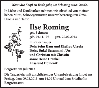 Traueranzeige von Ilse Roming von WVG - Wochenspiegel Wittenberg