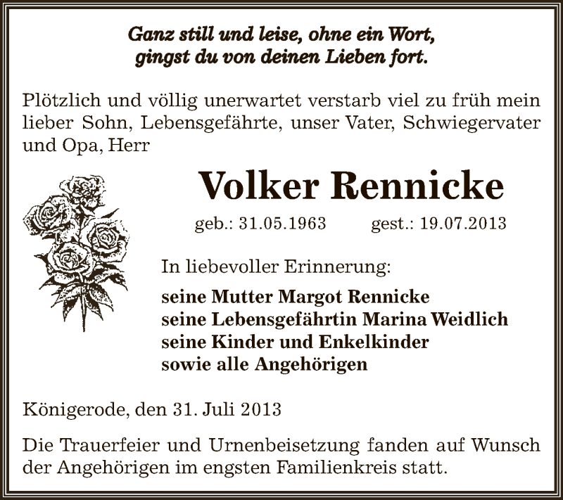  Traueranzeige für Volker Rennicke vom 31.07.2013 aus Wochenspiegel Mansfelder Land