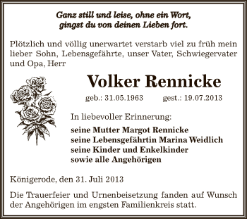 Traueranzeige von Volker Rennicke von Wochenspiegel Mansfelder Land