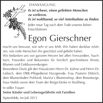 Traueranzeige von Egon Gierschner von WVG - Wochenspiegel Quedlinburg