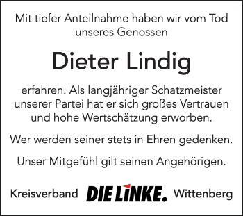 Traueranzeige von Dieter Lindig von WVG - Wochenspiegel Wittenberg