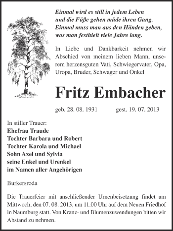 Traueranzeige von Fritz Embacher von WVG - Wochenspiegel NMB / WSF / ZTZ