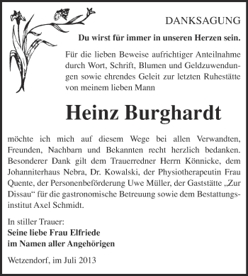 Traueranzeige von Heinz Burghardt von WVG - Wochenspiegel NMB / WSF / ZTZ