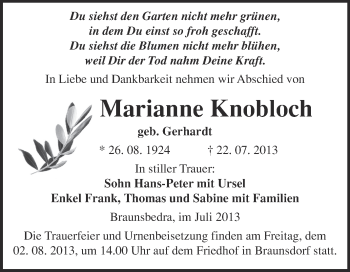 Traueranzeige von Marianne Knobloch von WVG - Wochenspiegel Merseburg