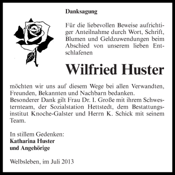 Traueranzeige von Wilfried Huster von WVG - Wochenspiegel Aschersleben