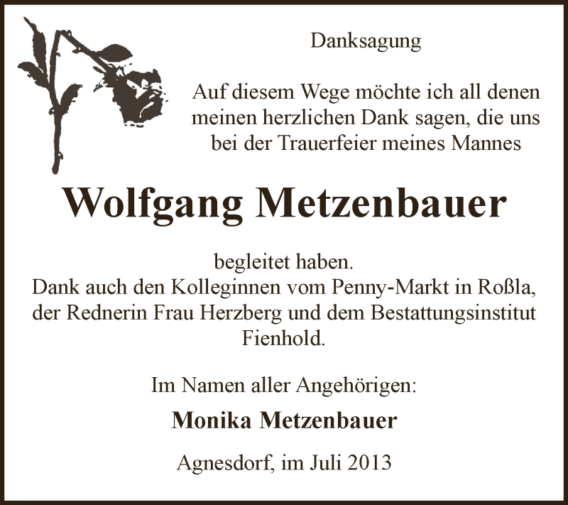  Traueranzeige für Wolfgang Metzenbauer vom 31.07.2013 aus WVG - Wochenspiegel SGH