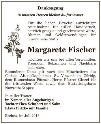 Traueranzeige von Margarete Fischer von WVG - Wochenspiegel Bitterfeld