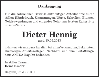 Traueranzeige von Dieter Hennig von WVG - Wochenspiegel Bitterfeld