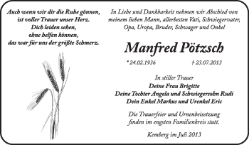 Traueranzeige von Manfred Pötzsch von Super Sonntag Wittenberg