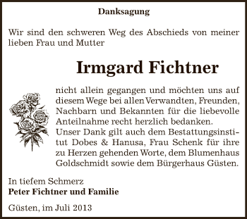 Traueranzeige von Irmgard Fichtner von Super Sonntag Bernburg