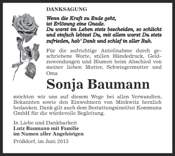 Traueranzeige von Sonja Baumann von Super Sonntag Zeitz