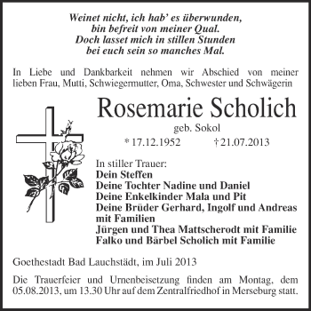 Traueranzeige von Rosemarie Scholich von WVG - Wochenspiegel Merseburg
