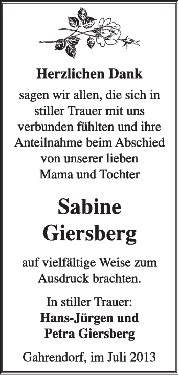 Traueranzeige von Sabine Giersberg von Super Sonntag Dessau / Köthen
