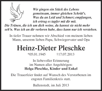 Traueranzeige von Heinz-Dieter Pleschke von WVG - Wochenspiegel Quedlinburg