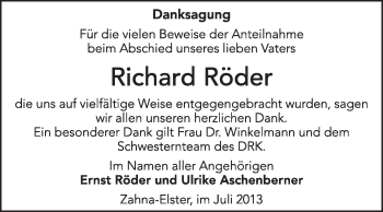 Traueranzeige von Richard Röder von Super Sonntag Wittenberg