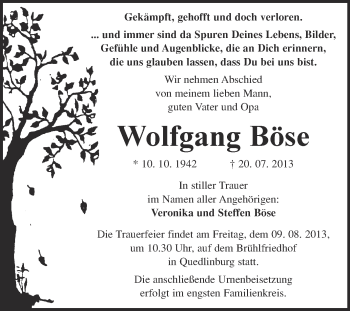 Traueranzeige von Wolfgang Böse von WVG - Wochenspiegel Quedlinburg