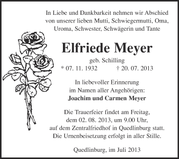Traueranzeige von Elfriede Meyer von WVG - Wochenspiegel Quedlinburg