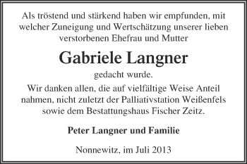 Traueranzeige von Gabriele Langner von WVG - Wochenspiegel NMB / WSF / ZTZ