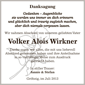 Traueranzeige von Volker Alois Wirkner von WVG - Wochenspiegel Dessau / Köthen