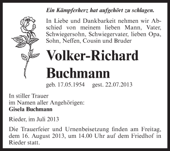Traueranzeige von Volker-Richard Buchmann von Super Sonntag Aschersleben