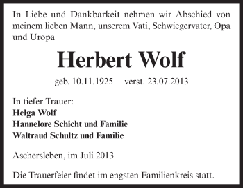 Traueranzeige von Herbert Wolf von Super Sonntag Aschersleben