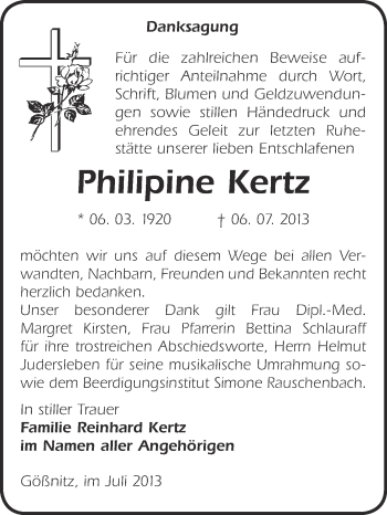Traueranzeige von Philipine Kertz von WVG - Wochenspiegel NMB / WSF / ZTZ