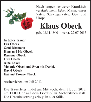Traueranzeige von Klaus Obeck von Super Sonntag Aschersleben