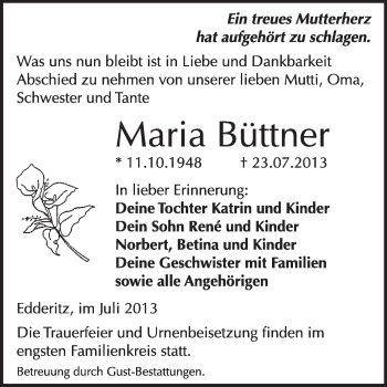 Traueranzeige von Maria Büttner von Super Sonntag Dessau / Köthen