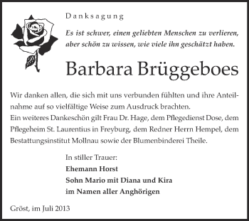 Traueranzeige von Barbara Brüggeboes von WVG - Wochenspiegel Merseburg