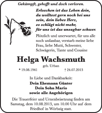 Traueranzeige von Helga Wachsmuth von Super Sonntag Dessau / Köthen